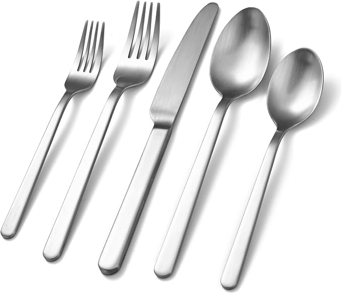 KINGSTONE Forged Silverware Set, 40-Piece Matte Flatware Set for 8, 18/10 Stainless Steel Silverware Cutlery Set Matte Satin Finish (Matte Silver)