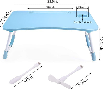 Slendor Lap Desk with Cup Holder, Foldable Laptop Table for Bed, Portable Bed Desk for Laptop and Writing, Computer Tray with Tablet Slot, Notebook Stand Reading Holder for Couch Sofa Floor,Blue