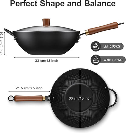 Todlabe 13-Inch Carbon Steel Wok Pan with Glass Lid, Naturally Nonstick Pre-Seasoned Woks & Stir-Fry Pans, No Chemical Coating, Flat Bottom for Induction, Gas, Electric, Halogen & All Stoves