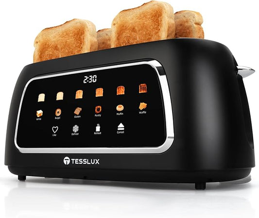 Tesslux 4 Slice Toaster with Touch Screen Control, 1.5" Wide Long Slots, 6 Browning Levels & 6 Bread Types, Digital Timer, Memory, Defrost, Reheat (Black, 4 Slice)