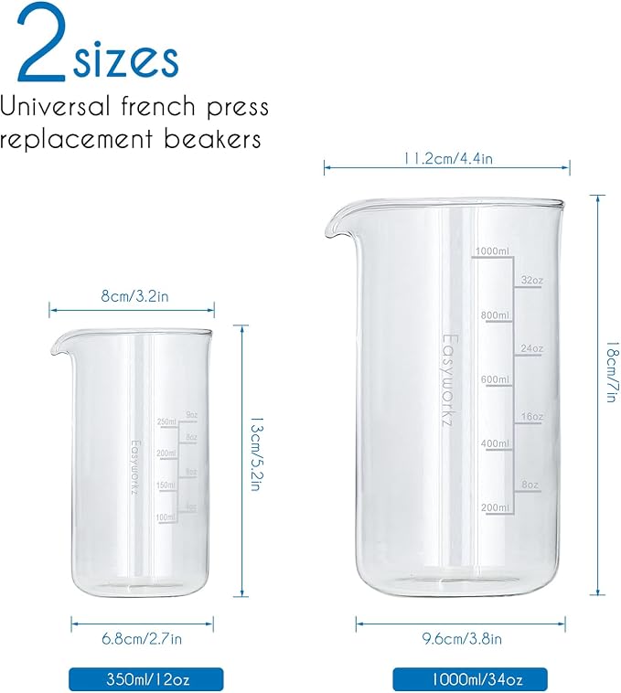 Easyworkz Borosilicate Glass Replacement Beaker for 34oz French Press Coffee Maker