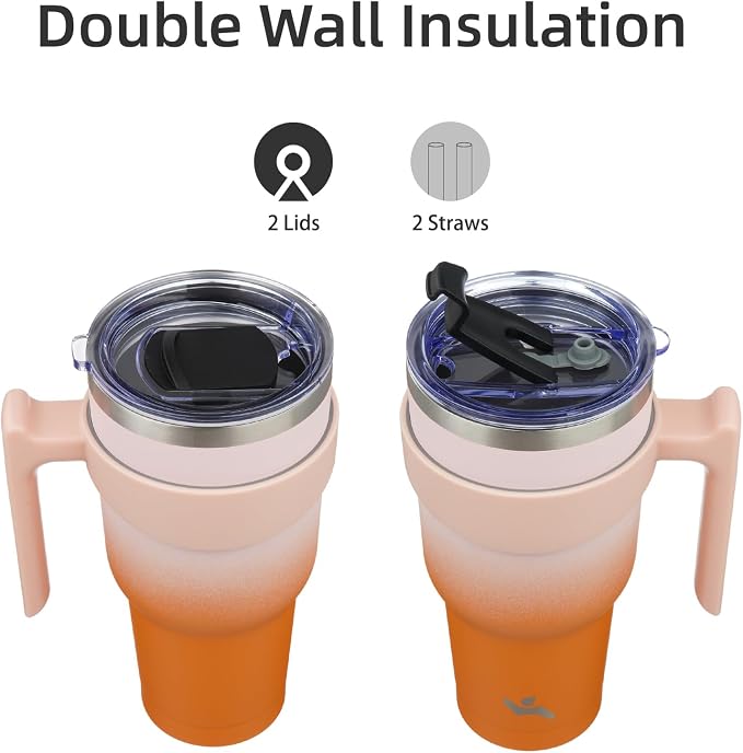 Konokyo 40 oz Tumbler with Handle and 2 Straw 2 Lid, Insulated Water Bottle Stainless Steel Vacuum Cup Reusable Travel Mug,Coral