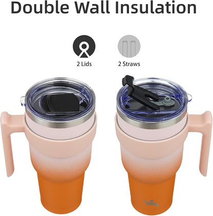 Konokyo 40 oz Tumbler with Handle and 2 Straw 2 Lid, Insulated Water Bottle Stainless Steel Vacuum Cup Reusable Travel Mug,Coral