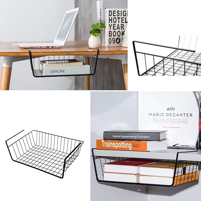 Under Shelf Storage Basket, Hanging Shelf Basket Slides Under Shelves for Storage Metal Under Cabinet Shelf Basket Organizer for Kitchen Pantry Desk Bookshelf (Black Pack of 4)