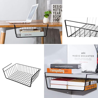 Under Shelf Storage Basket, Hanging shelf basket Slides Under Shelves for Storage Metal Under Cabinet Shelf Basket Organizer Space Saving for Kitchen Pantry Desk Bookshelf (Black Pack of 2)