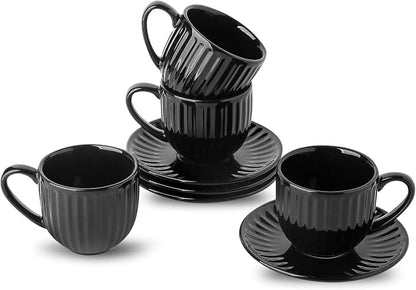 Hasense Ceramic Cappuccino Cups and Saucers - 8 Oz, Large Ribbed Coffee Mugs Set of 4 for Coffee,Tea,Latte and Macchiato, Demitasse Cups Set Aesthetic Gifty, Black