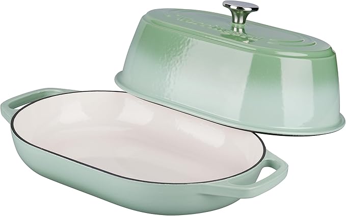 VORRINGARD Enameled Cast Iron Dutch Oven Pot with Dome Lid, Oval Bread Oven for Homemade Sourdough Bread Baking, Oven Safe up to 500°F, 6 Quart, Green