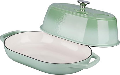 VORRINGARD Enameled Cast Iron Dutch Oven Pot with Dome Lid, Oval Bread Oven for Homemade Sourdough Bread Baking, Oven Safe up to 500°F, 6 Quart, Green