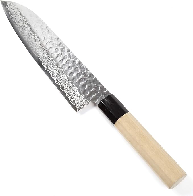 Japanese Multi Purpose Chef Knife Hammered Damascus VG-10 46 Layer Octagonal Magnolia Wood Handle, Santoku 7-inch (180mm)