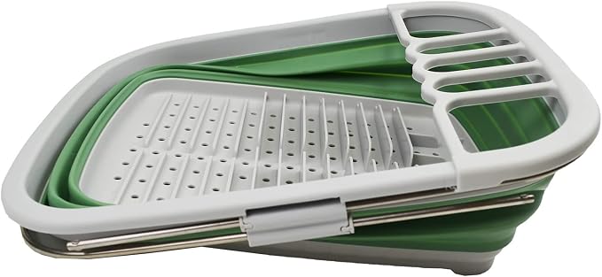 SAMMART 8L (2.11Gallons) Expandable Collapsible Plastic Dish Drainer - Foldable Drying Rack - Portable Dinnerware Organizer - Space Saving Kitchen Storage Tray (Grey/Dark Sea Green, 1)