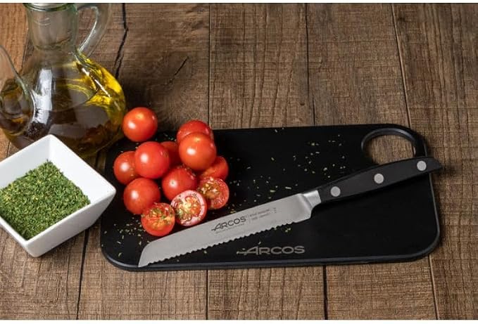 Arcos Forged Tomato Knife Serrated 5 Inch Stainless Steel. Ergonomic Polypropylene POM Handle & Special Silk Blade 130 mm. Series Manhattan. Blue Color. Impress and Amaze with Every Cut