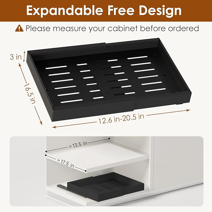 1 Pack Expandable Pull Out Cabinet Organizer 16.5" Deep, Adjustable Width 12.6"-20.5", No Drill Adhesive with Triple Track Rails, Heavy Duty Slide Out Drawers for Kitchen,Pantry,Cabinets,Black