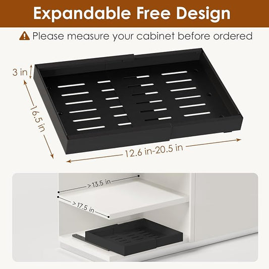 2 Pack Expandable Pull Out Cabinet Organizer 16.5" Deep, Adjustable Width 12.6"-20.5", No Drill Adhesive with Triple Track Rails, Heavy Duty Slide Out Drawers for Kitchen,Pantry,Cabinets,Black