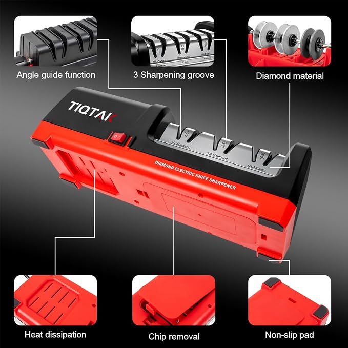 Electric Knife Sharpener,Professional kitchen knife sharpener,Diamond abrasive and precision Angle guide 3 stage slot home sharpener,Sharpening and Polishing, Red
