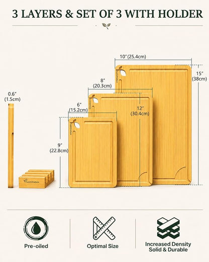 Bamboo Cutting Board Set with Holder, Set of 3 Wooden Cutting Boards for Kitchen, Butcher Block Carbonized Chopping Boards for Small Kitchen, Apartment, Meal Prep, Meat, Vegetables and Fruit