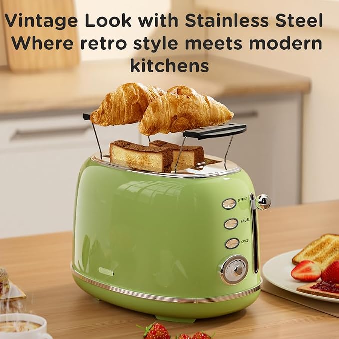 Wiltal Toaster Retro 2 Slice, Vintage Green Toaster with Lid, with Bread Attachment, Preheat, Defrost And Cancel Functions, 6 Browning Levels (Green)