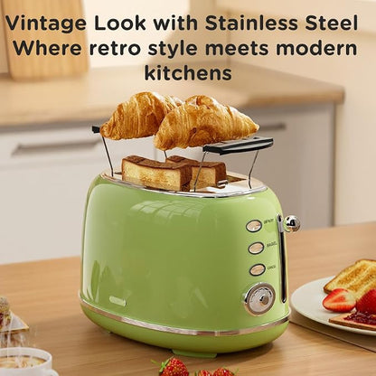 Wiltal Toaster Retro 2 Slice, Vintage Green Toaster with Lid, with Bread Attachment, Preheat, Defrost And Cancel Functions, 6 Browning Levels (Green)