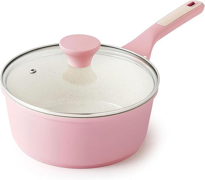 SENSARTE Ceramic Nonstick Saucepan with Lid 1.5 Quarts, Small Kitchen Cooking Pot with Stay Cool Handle, Induction Compatible, Ceramic Coating, Free of Intentionally Added PTFE/PFOA/PFAS, Sakura Pink