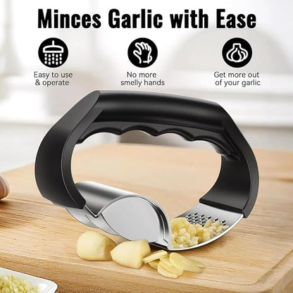 2-in-1 Stainless Steel Garlic Press Garlic Crusher Handheld Garlic Press Rocker Kitchen Gadget for Perfectly Minced Garlic