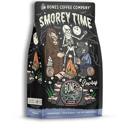 Bones Coffee Company Decaf S'morey Time, S'mores and Graham Crackers Decaffeinated Flavored Coffee, Medium Roast Low Acid Arabica Beans For Auto drip and French Press Coffee Maker, 12 Oz Whole Bean
