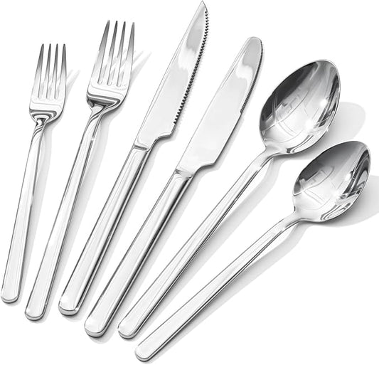 KINGSTONE 36-Piece Silverware Set with Steak Knives, Flatware Set for 6, Stainless Steel Tableware Cutlery Set for Home Restaurant, Mirror Finish,Modern Design