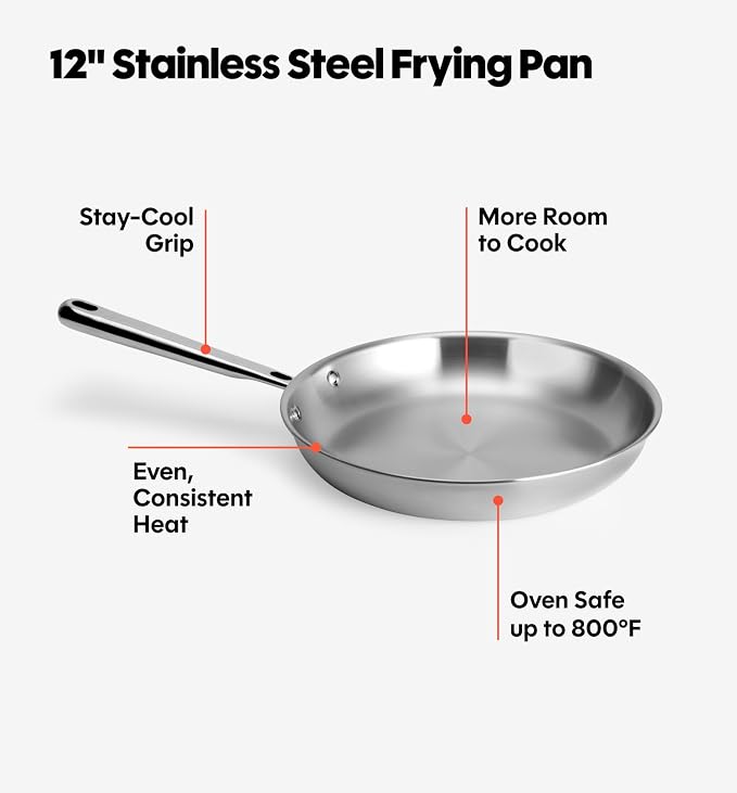 Misen 5-Ply Stainless Steel 12" Frying Pan - Professional Cookware for Induction, Gas and Electric - Dishwasher Safe, Oven Safe to 800°F - Durable, Versatile, Even Heating