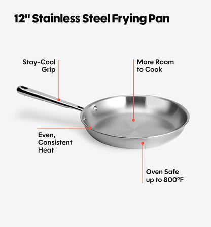 Misen 5-Ply Stainless Steel 12" Frying Pan - Professional Cookware for Induction, Gas and Electric - Dishwasher Safe, Oven Safe to 800°F - Durable, Versatile, Even Heating