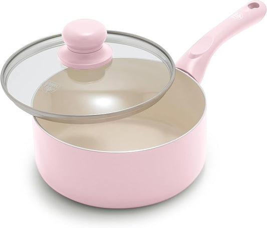 GreenLife 2 Quart Nonstick Saucepan with Lid, Non-Toxic Ceramic Pot, Dishwasher Safe, Stay-Cool Handle, Induction Ready, Fast Heating, PFAS Free, Easy Clean, Blush Pink