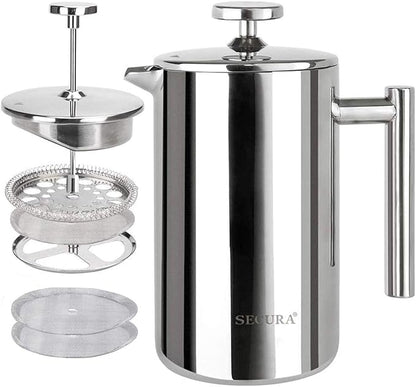 Secura French Press Coffee Maker, 304 Grade Stainless Steel Insulated Coffee Press with 2 Extra Screens, 12oz (0.35 Litre), Silver