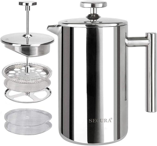 Secura French Press Coffee Maker, 304 Grade Stainless Steel Insulated Coffee Press with 2 Extra Screens, 12oz (0.35 Litre), Silver