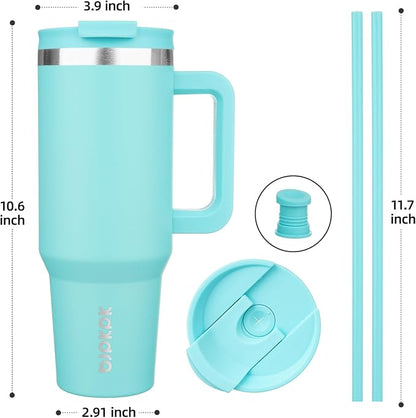 BJPKPK 40 oz Stainless Steel Tumbler With Handle Insulated Tumblers With 2 Straw Travel Coffee Mug With Lid,Turquoise