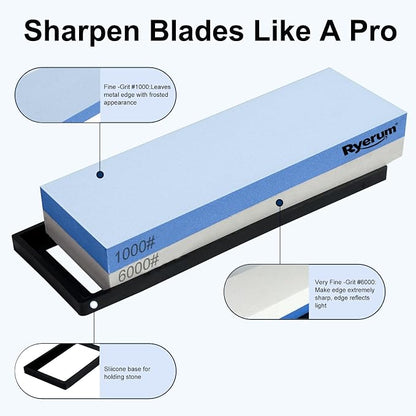 Premium Knife Sharpening Stone Whetstone 1000/6000 with 2 Non-Slip Rubber Bases, Safety and Anti-Slip Suitable for All Kinds of Knives