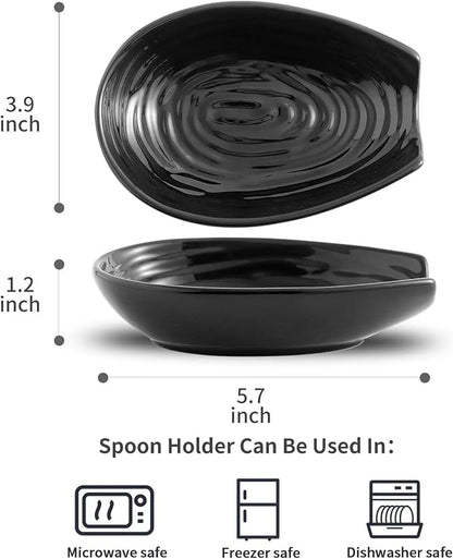Hasense Spoon Rest for Stove Top, Spoon Holder for Kitchen Counter, Ceramic Cooking Spoon Holder for Ladle Spatula Tong and Spoon, Kitchen Utensil Rest for Home Coffee Bar Farmhouse Decor, Black