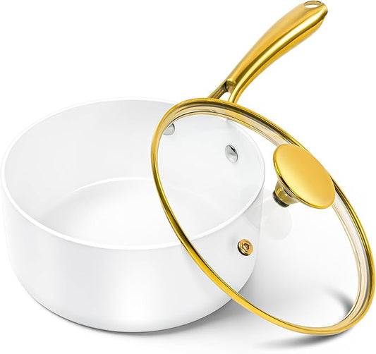 MICHELANGELO 2 Quart Saucepan with Lid, Nonstick Ceramic Sauce Pan with Ergonomic Handle, 2 Qt Small Pot, Oven-Safe, Induction-Compatible, White