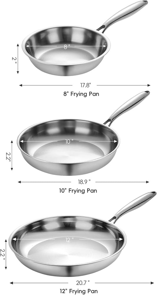 SuperCook 3-Piece Tri Ply Stainless Steel Frying Pan Set, 8"/10"/12" Stainless Steel Frying Pans, Stainless Skillet Pan, Sauté Pans, Non-Toxic, Multiclad, Induction Oven Compatible, Dishwasher Safe