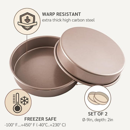 HAPPIELS 9in Raund Cake Pan 2-Pack Nonstick, PFOA & BPA Free | Quality Non Stick 9 inches Layer Circle Cake Pan 2 inches Deep | Best 9in Baking Pan Nontoxic | 9inch 9inches Cake Pans Set