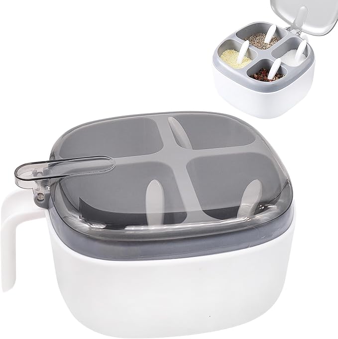 Seasoning Box with Lid and Spoon, 4 Compartment Spice Pots with Handle, Home Kitchen Condiment Jars for Sugar Salt Pepper