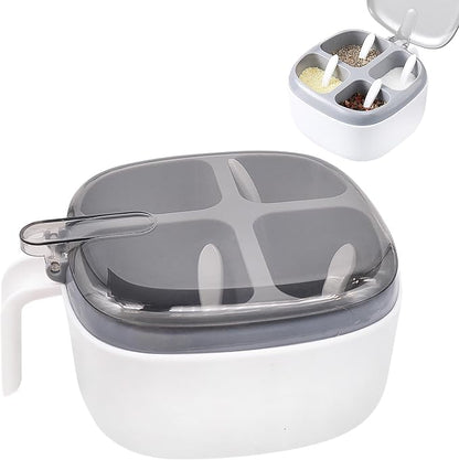 Seasoning Box with Lid and Spoon, 4 Compartment Spice Pots with Handle, Home Kitchen Condiment Jars for Sugar Salt Pepper