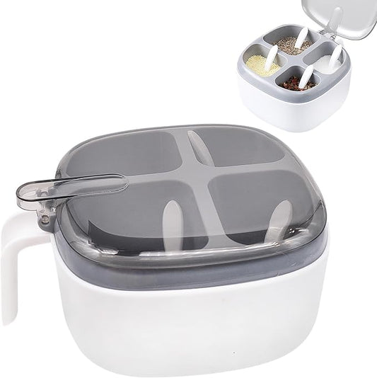 Seasoning Box with Lid and Spoon, 4 Compartment Spice Pots with Handle, Home Kitchen Condiment Jars for Sugar Salt Pepper