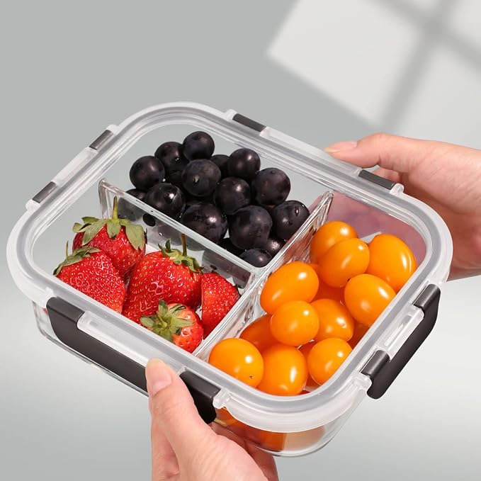 DAS TRUST 5 Pack 36oz Bento Box Glass Meal Prep Container 3 Compartment Glass Food Storage Containers with Lids Meal Prep Bowls Lunch Box Lunch Container for Oven