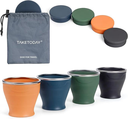 TakeToday 4PCS Collapsible Travel Cup 8 oz - Silicone Foldable Water Cup, BPA-Free with Lid & Waterproof Bag - Drinking Cup Set for Camping, Outdoors & International Travel