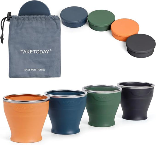 TakeToday 4PCS Collapsible Travel Cup 8 oz - Silicone Foldable Water Cup, BPA-Free with Lid & Waterproof Bag - Drinking Cup Set for Camping, Outdoors & International Travel