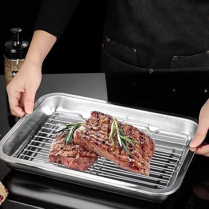 2 Set Broiler Pan Roaster Pan Baking Pan with Rack for Hams Chickens 12.6"* 8.6"*1.7"