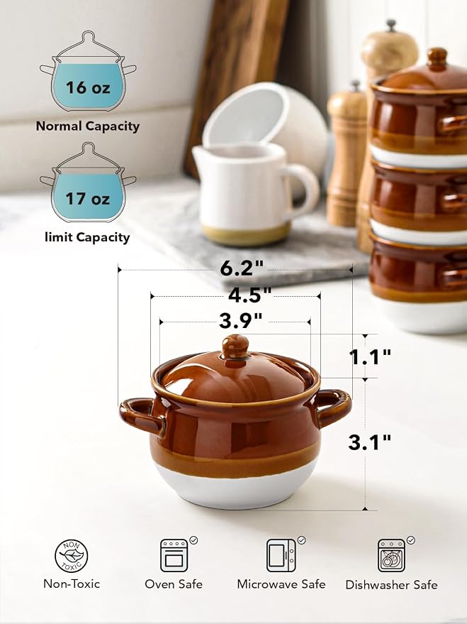 LE TAUCI French Onion Soup Bowls with Lids, 16 oz Ceramic Soup Crocks with Handles, Oven/Microwave/Dishwasher Safe, Set of 4 – From Oven to Table for French Onion, Chili, Pot Pies