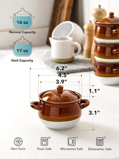 LE TAUCI French Onion Soup Bowls with Lids, 16 oz Ceramic Soup Crocks with Handles, Oven/Microwave/Dishwasher Safe, Set of 4 – From Oven to Table for French Onion, Chili, Pot Pies