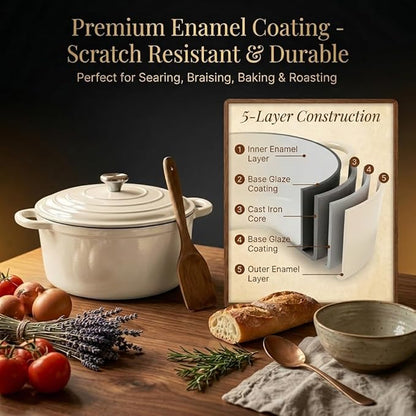 Nonstick Enameled Cast Iron Cookware Set - 8 Piece Pots and Pans with Lid, Frying Pan, Skillet, Dutch Oven Set for All Stovetops, Ideal for Sourdough Bread Baking, Cream White