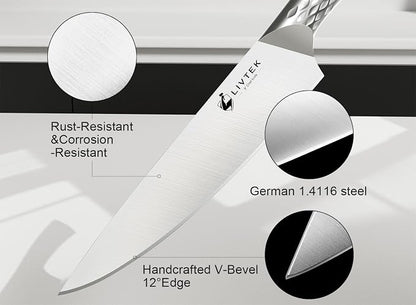 Livtek Kitchen Knife Set with Block: 15-Piece German Stainless Steel with Dual Sharpener for Cook Enthusiasts - Covers 95% Kitchen Tasks - Silver Full-Tang Ergonomic Handle, Dishwasher Safe, Gift Box