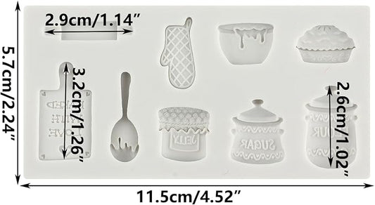 Miniature Home Baking Silicone Molds Rolling Pin Oven Glove Cake Bowl Wooden Spoon Chocolate Fondant Mold for Cake Decoration Cupcake Topper Candy Sugar Craft Polymer Clay Gum Paste