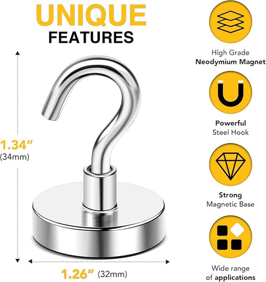 DIYMAG Magnetic Hooks,120 lb Heavy Duty Strong Magnet with Hook for Hanging Rare Earth Neodymium Magnet for Fridge Kitchen Cruise Grill Garage and Storage 12 Packs