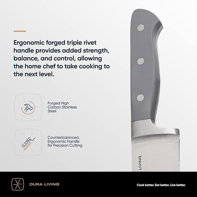 DURA LIVING 8 Inch Professional Chef Knife – High Carbon Stainless Steel, Razor-Sharp, Versatile Cooking & Cutting Kitchen Knife, Ergonomic Handle, Sleek Gray Design